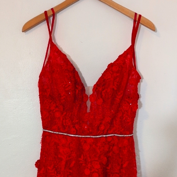 Morrell Maxi Red Lace Corset Dress Rhinestones Cami Straps Prom Hoco Formal 10 - Picture 2 of 15